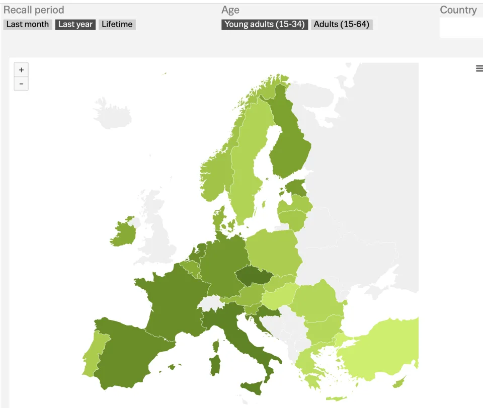 Map showing prevalence of cannabis use among young people in the last year in Europe. Cannabis uses broadly ranges from 5 to over 20 percent depending on the country. 